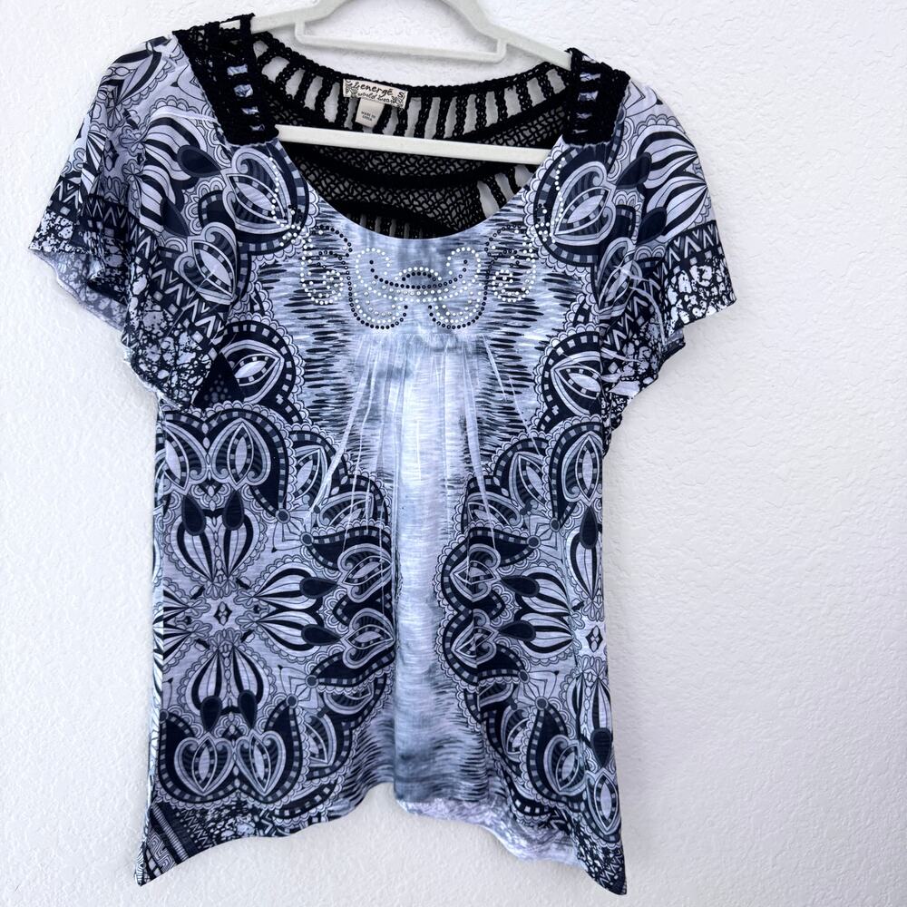 Energe Womens T Shirt Top Size S Y2K Rhinestone Lace Burnout Lightweight White